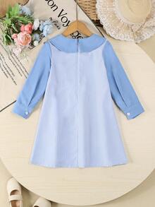 Autumn Girls' Collegiate Style Blue & White Striped Bow Decor Long Sleeve Casual Dress, Comfortable For Everyday Wear