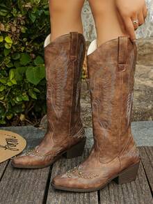 Women's Fashion Pointed Toe Slip-On Western Cowboy Boots With Rivets & Embroidery, Comfortable & Versatile Block Heel Mid-Calf Boots