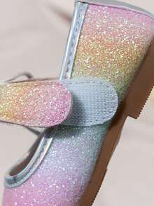 1 Paar Mädchen Ballerinas mit Farbverlauf, glänzend rosa Farbe, runde Zehenkappe, flaches Design, Schleifen Verzierung, rutschfest, süß und niedlich 2025 Schuhe, geeignet für Innen- und Außenbereich, Alltag, Schule und Grundschulaufführungen