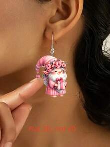 2 piezas Pendientes de duende navideño rosa elegante y encantador, diseño impreso de doble cara de acrílico plano, de moda y ligero, adecuado para uso diario y de fiesta de mujeres, gran regalo para Halloween, Navidad, Día de San Valentín, Día de la Madre