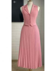 L178/573 Women's Set Vest + Pleated Skirt In Simple Tailoring Casual Fabric Button Set Beach Night Wedding Holiday All - Hồng nhạt - Xem 2