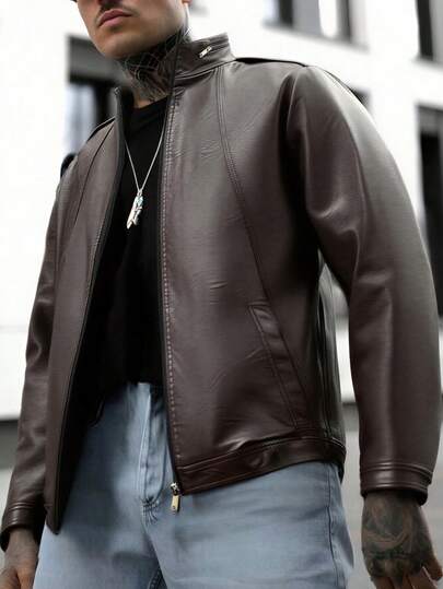 Męska kurtka motocyklowa na jesień/zimę, koreański modny skórzany płaszcz ze stójką i kołnierzem ze skóry PU