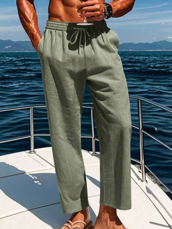 Men's Linen Pants, Summer Drawstring Breathable Beach Trousers, Elastic Waist Linen String Pants For Men, Casual Vacation Holiday Pants For Men, Loose Street Wear, Fall