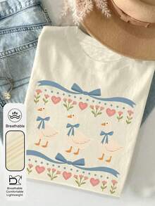 女式夏季复古 80 年代鹅图案印花圆领短袖简约休闲日常 T 恤上衣、趣味蓝丝带鹅女式上衣、复古鹅女式夏季服装、可爱农场动物夏季上衣 - 杏色 - 查看 2