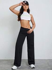 XIANGHE Jeans de pierna recta de talle alto - Negro - Ver 3