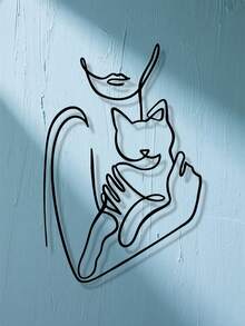 1 szt. Elegancka, kuta, żelazna dekoracja ścienna z kotem – minimalistyczny rysunek liniowy kobiety trzymającej kociaka, czarny metalowy element wystroju salonu/sypialni/biura/kuchni, idealny prezent dla miłośników kotów i zwierząt, 2D płaski wystrój pokoju