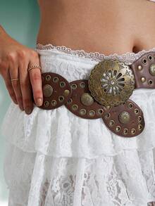1pc Western Cowboy Bohemian Style Country Belt, Women's Fashion Accessory, Retro Bronze Floral Hollow Buckle Oval Belt Waist Chain, Bohemian Style Belt And Dress Accessory Halloween Valentine's Day Valentines Summer, School Fall, Autumn, Halloween - 棕色 - 查看 3