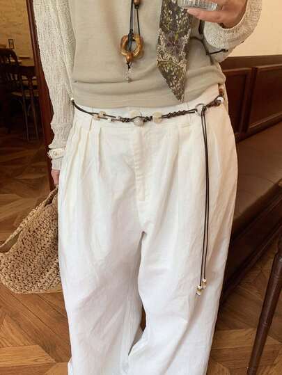 1pc Women's Coffee Color PU Leather Casual Handmade Beaded Decorative Waist Rope