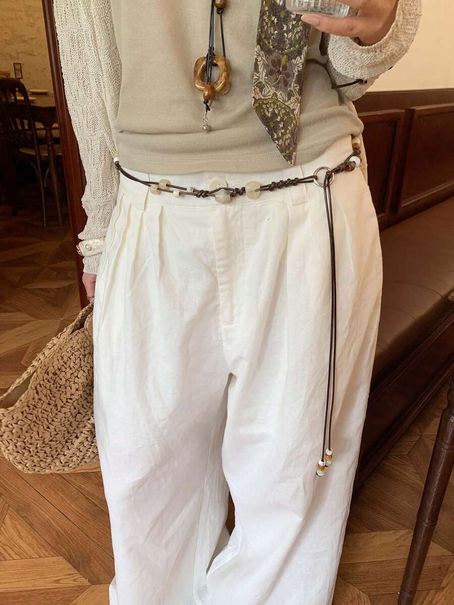 1pc Women's Coffee Color PU Leather Casual Handmade Beaded Decorative Waist Rope - Coffee - View 1