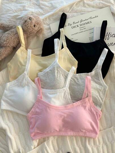 Girls Pure Cotton Underwear Fixed Cup Bra Development Period Junior High School Students Suspenders Small Vest Anti-Convex Dots High School Students Girls Big Children Short Breast Wrap Bra Sports