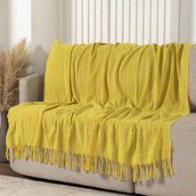 Sofa Blanket Size S Type Cover 100% Cotton With Knot At The Ends - Yellow - View 2