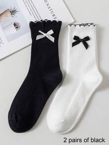2pairs/Set Ladies' Black & White Striped Mid-Calf Socks With Bowknot & Scalloped Edges, Suitable For Daily Wear And Parties, Fall - Black and White - View 8