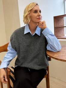 Livesso 1pc V Neck Solid Casual Sweater Vest For Autumn And Winter - Grey - View 5