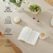 Meioro Table Cloth Beige Striped Tablecloth Tassels Cotton Blend Dust-Proof Table Cover For Dining Coffee Buffet Kitchen Picnic Tables, Parties Tablecloths(55 X 78 Inch, Beige) - 米色78x55矩形 - View 7