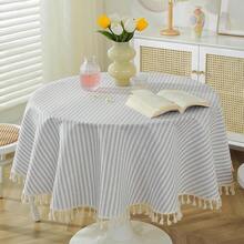 Meioro Striped Tablecloth Round Tablecloths Cotton Blend Table Cloth Washable Tabletop Decorative Fabric Table Cover For Kitchen Dinning (Grey, Round 60 Inch) - 灰色60圓形 - 查看 3