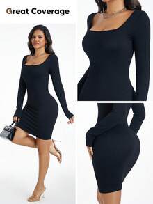 女士黑色紧身连衣裙，方领罗纹长袖修身迷你连衣裙