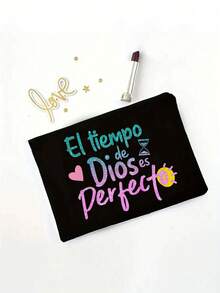 Printed Canvas Tote Bag With "El-Tiempo" Colorful Letter Print Pattern, Portable Casual Storage Handbag, Multifunctional Shopping Bag, Minimalist Travel Storage Bag, Large Capacity Travel Cosmetic Bag, Newly Designed With Ample Space, Ideal For Shopping, Wedding, Birthday, Beach, Holiday, Back To School - Black - View 14