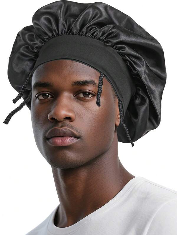 1pc Men's Satin Durags Bonnet, New Fashion Elastic Wide-Brim Sleep Cap Hair Care Hat