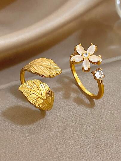 18K Gold Plated Stainless Steel Elegant Nature-Inspired Leaf & Flower Ring Set With Zirconia And Cat's Eye For Women, Mom Gift Christmas Thanksgiving Halloween Wedding Jewelry Gift For Anniversary Valentine's Day Boho Jewelry Daily Party