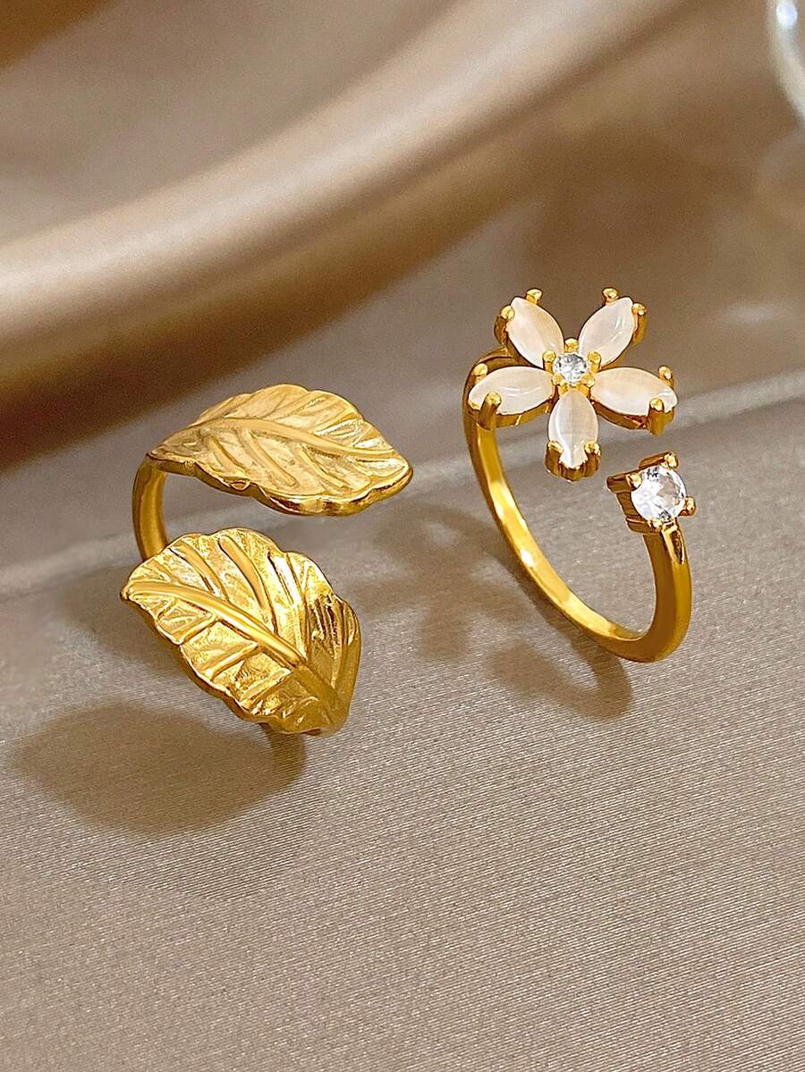 18K 镀金不锈钢优雅自然叶花戒指套装,镶嵌锆石和猫眼石,适合女性、妈妈、圣诞节、感恩节、万圣节、婚礼珠宝、周年纪念、情人节、波西米亚风珠宝、日常派对 - 彩色 - 查看 1