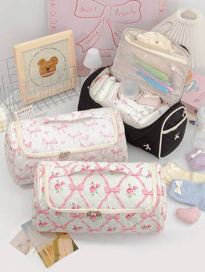 1 件蝴蝶结印花尿布包手提包 - 多功能大容量尿布包和婴儿必需品手提包，大容量多功能婴儿尿布包，男女通用便携式尿布包，易于清洁的材质，新生儿旅行收纳包