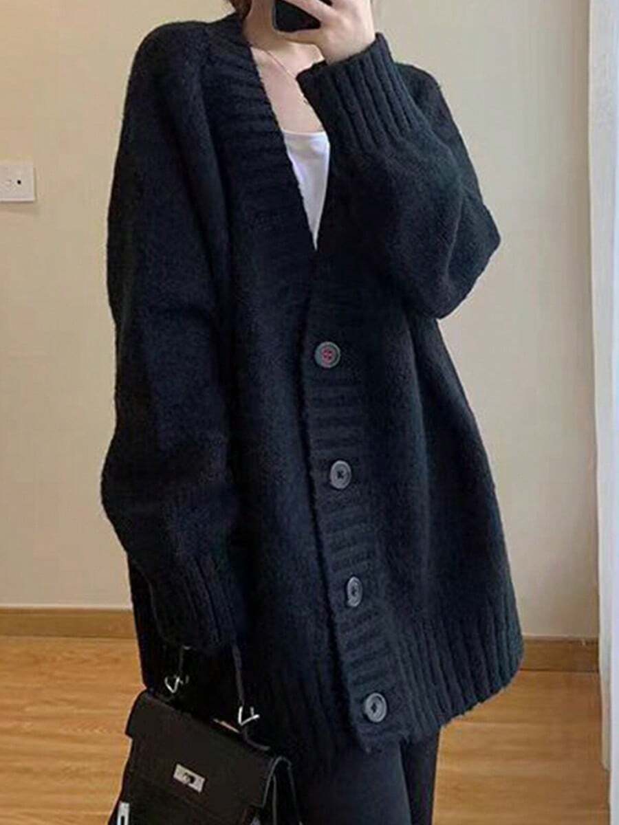 Chaqueta de punto de las mujeres chaqueta de tweed mujer otoño e invierno suelto perezoso viento delgado cardigan jumper versátil suéter de punto tops - Negro - Ver 1