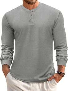 Men's Lightweight Waffle Henley Long Sleeve Shirt Casual Button Down Basic Top For Everyday Wear