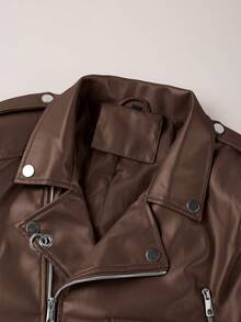 Risissida Women's Fall/Winter Street Wear Faux Leather Cropped Biker Jacket - Asymmetric Zip, Adjustable Belt For Edgy Urban Street Commuting Spring White - Brown - View 10