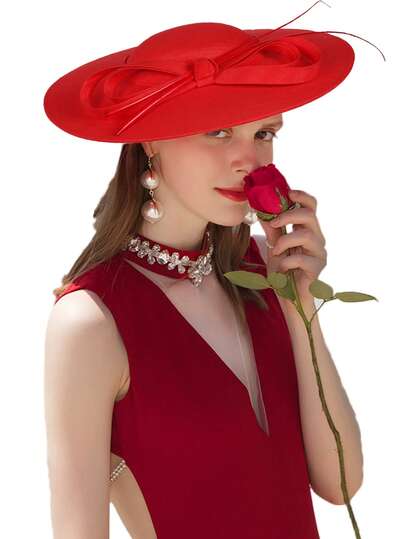 HIMESPORT 红色 米色 绿色 黑色 皇家西纳梅婚礼礼帽 女士大檐鸡尾酒会教堂茶会礼服软呢帽 带蝴蝶结羽毛