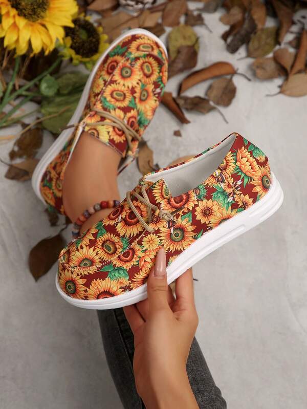 Women's Casual Blue Sunflower Skull Halloween Breathable Non-Slip Canvas Shoes, Solid Color Pattern Canvas Material, Round Toe Elastic Lace-Up Easy On/Off Flat Athletic Sneakers, Lightweight Work Shoes