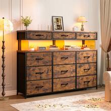Tech-Enhanced Modern Dresser With Charging Hub & Ambient LED Lighting And 12 Customizable Fabric Drawers With 10MM Protective Acrylic Surface,Rustic Brown - View 6