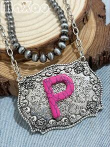 Women's Vintage European & American Bohemian Style Rose Red Turquoise English Initial Double Layer Necklace, 18-Inch Pearl + 20-Inch Rectangular Alloy Pendant, Suitable For Daily Wear, Dates, Theme Parties, You Will Get Many Compliments From Friends When Wearing It - Hot Pink - View 21