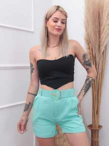 Bin Hang - Shorts de verão femininos com cós de metal e bainha enrolada