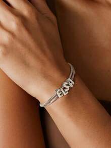 1pc Customized Sliding Letter Adjustable Bracelet With Cubic Zirconia, Fashionable Daily Wear, Suitable As Gift For Valentine's Day, Mother's Day, Anniversary - Style 2-silver - View 2