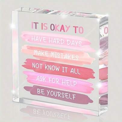 1/2pcs "It's Okay" Acrylic Decor - Transparent Standalone Slogan Plaque, Pink Brush Strokes, Suitable For Desk, Study Or Consultation Room | Home Decor, Teacher Gift, Encouragement, Motivation, Graduation Gift, Birthday Gift, Back To School Gift