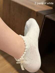 2 双女士优雅甜美经典黑白花卉蕾丝边蝴蝶结短袜，百搭日常穿着 - 黑與白 - 查看 9