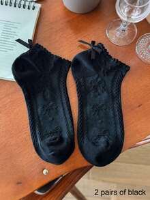 2 双女士优雅甜美经典黑白花卉蕾丝边蝴蝶结短袜，百搭日常穿着 - 黑與白 - 查看 10