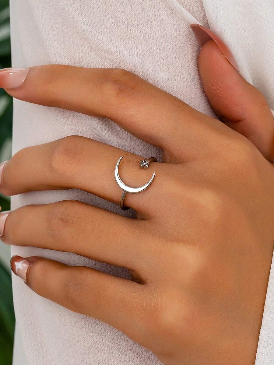 1pc Adjustable Silver-Color Copper Zirconia Star & Moon Design Ring, Women - Silver - View 1