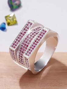 1pc Vintage Geometric Design Wide Band Ring, Inlaid Sparkling Square Cubic Zirconia Jewelry Ring, Elegant Accessory For Women, Fashionable Everyday Wear - K74 - View 11