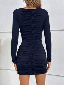 Elegant Ruched Waist Deep V-Neck Long Sleeve Mini Dress, New Arrival For Spring Summer - Navy Blue - View 3