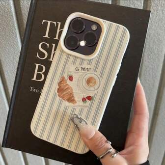 1pc TPU Material Elegant Croissant Coffee Breakfast Newspaper Stripe Pattern Phone Case Compatible With IPhone// Phones