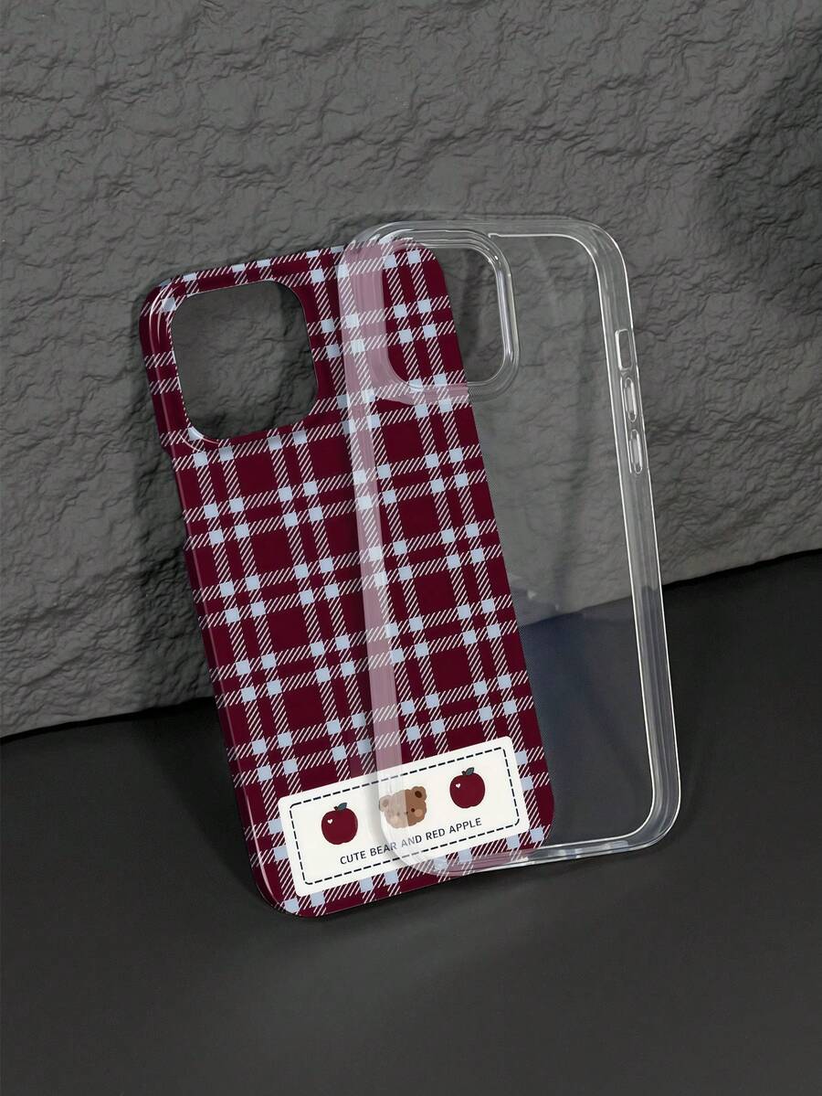 Funda protectora a cuadros con oso y manzana para iPhone 16/16Plus/16Pro/16ProMax, 15/15Plus/15Pro/15ProMax, 14/14Plus/14Pro/14ProMax, 13/13Pro/13ProMax, 12/12Pro/12ProMax, 11/11Pro/11ProMax, anti-caída, resistente a la suciedad, cobertura completa