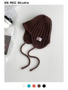 1pc French Tie-Up Knit Hat, Soft & Warm Autumn/Winter Decoration, Striped Tie-Up Ear Protection Knit Hat, Cute Solid Color Bucket Hat For Women - Multicolor - View 9