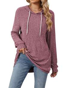 Women's Fall Casual Hoodies Solid Color Ribbed Long Sleeve Loose Sweatshirt Streetwear