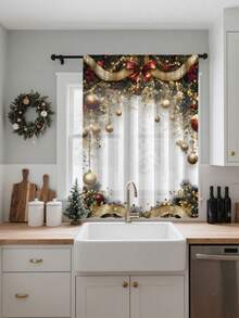 1pc Christmas Ball & Element Pattern Premium Decorative Curtain Rod Pocket Sheer Curtain, All Season Use For Outdoor, Gazebo, Bedroom, Kitchen, Office, Study, Living Room - Semi-Sheer (100g Fabric Weight) Home Decor Christmas Decorations Room Decor Christmas Decorations Home