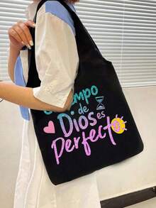 Printed Canvas Tote Bag With "El-Tiempo" Colorful Letter Print Pattern, Portable Casual Storage Handbag, Multifunctional Shopping Bag, Minimalist Travel Storage Bag, Large Capacity Travel Cosmetic Bag, Newly Designed With Ample Space, Ideal For Shopping, Wedding, Birthday, Beach, Holiday, Back To School - Black - View 2