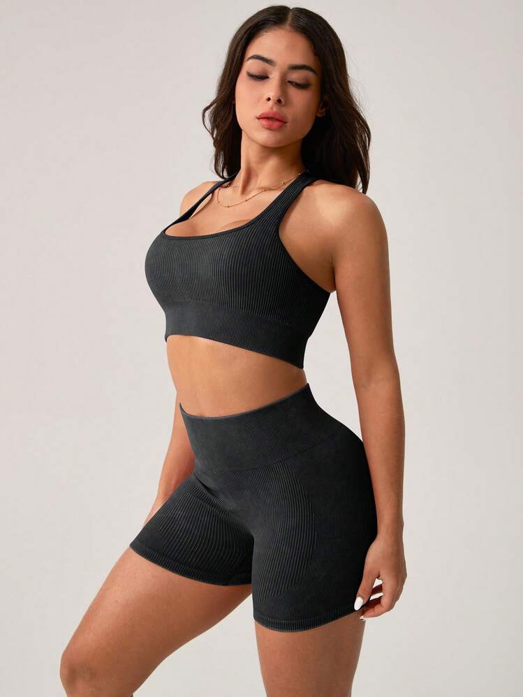 NcmRyu Women's Ribbed Knit Sports Bra & High-Waisted Shorts Set - Stretchy Comfortable Activewear With Ribbed Texture, Ideal For Yoga, Workout, Gym, Running & Outdoor Activities - 黑色 - 查看 4