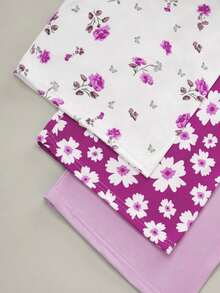 3 件套女士休闲 7/8 裤和短裤，雏菊花，玫瑰，纯色松紧腰宽松睡裤 - 紫色 - 查看 5