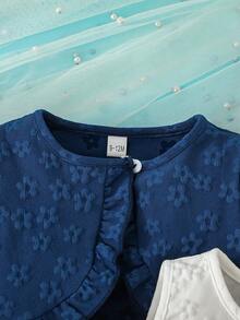 Set de 2 piezas: Chaqueta de cárdigan informal con estampado de copos de nieve y vestido de malla con lazo para niñas bebé - Multicolor - Ver 3