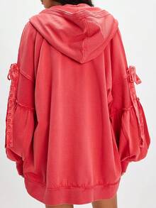 Women Oversized Zip Up Sweatshirt Open Front Loose Fit Long Sleeve Tie Bow Hoodies Y2K Streetwear With Pockets - 紅色 - 查看 4
